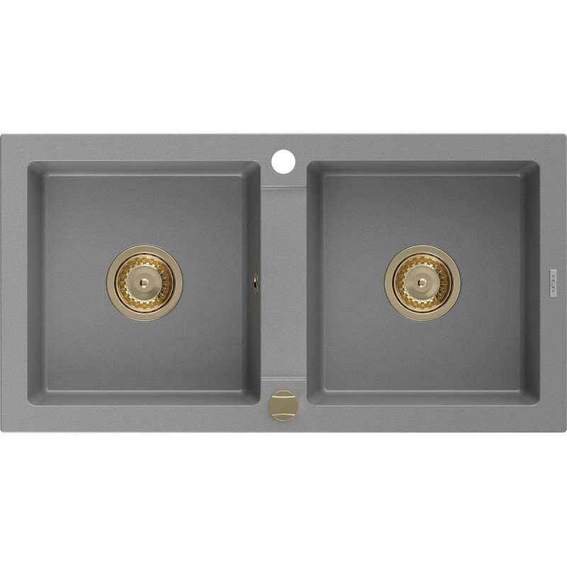 Mexen Mario granitische spoelbak met 2 compartimenten 820 x 436 mm, grijs, gouden sifon - 6504822000-71-G