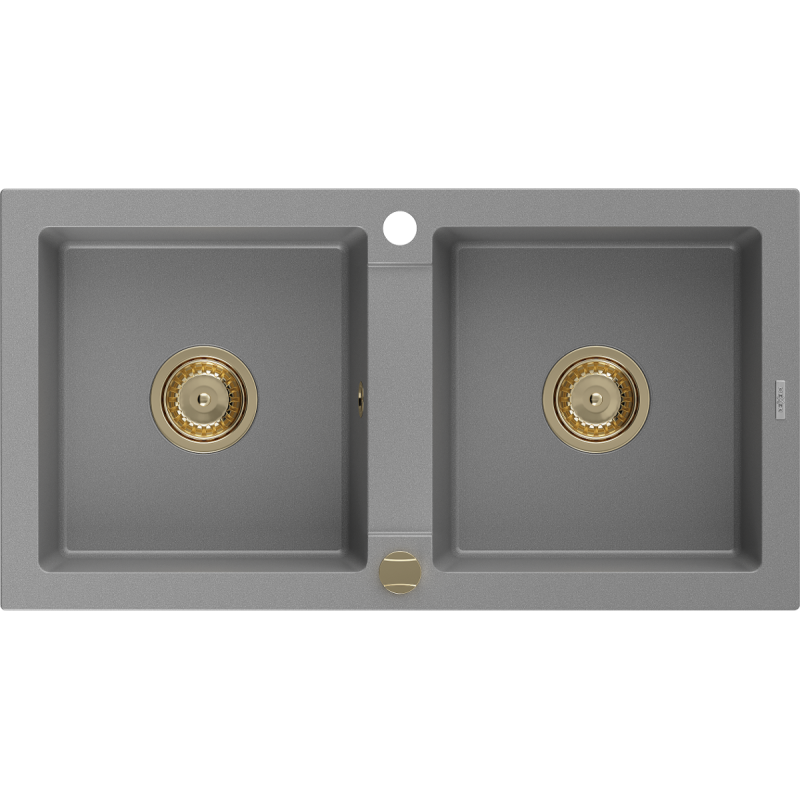 Mexen Mario Granitspüle 2-Kammer 820 x 436 mm, grau, Siphon gold - 6504822000-71-G
