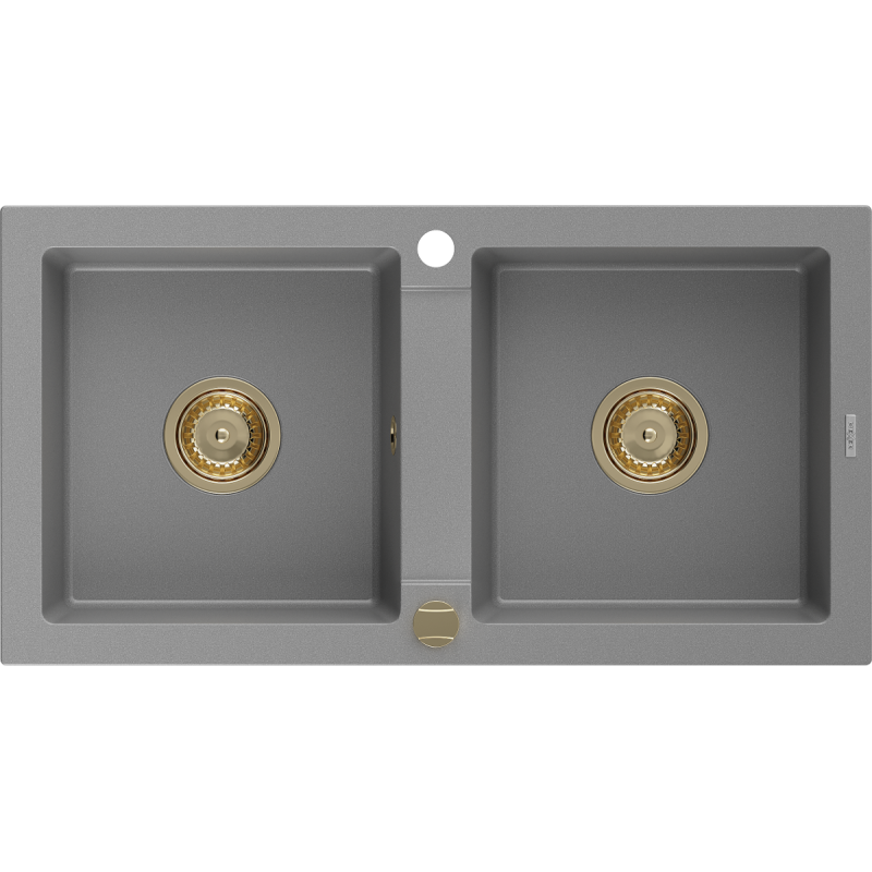 Mexen Mario lava-loiça de granito com 2 cubas 820 x 436 mm, cinzento, sifão dourado - 6504822000-71-G