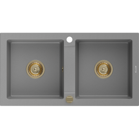 Mexen Mario granite kitchen sink, double bowl 820 x 436 mm, gray, gold siphon - 6504822000-71-G