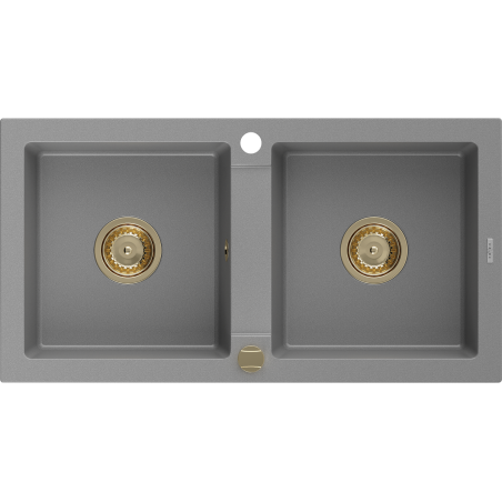 Mexen Mario lava-loiça de granito com 2 cubas 820 x 436 mm, cinzento, sifão dourado - 6504822000-71-G