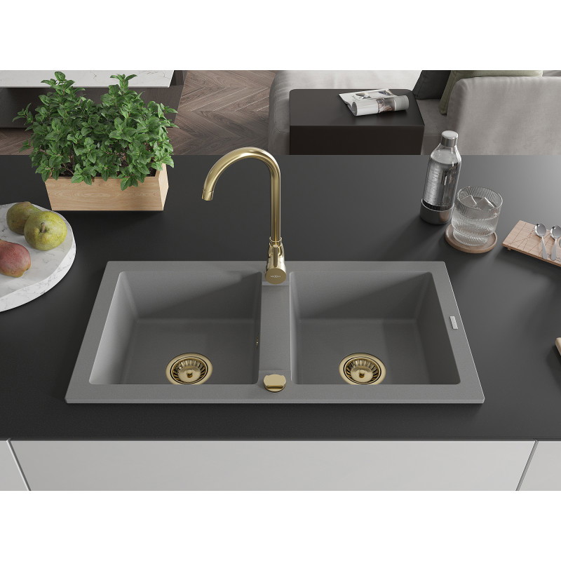 Mexen Mario granit gootsteen 2-kamer 820 x 436 mm, grijs, gouden sifon - 6504822000-71-G