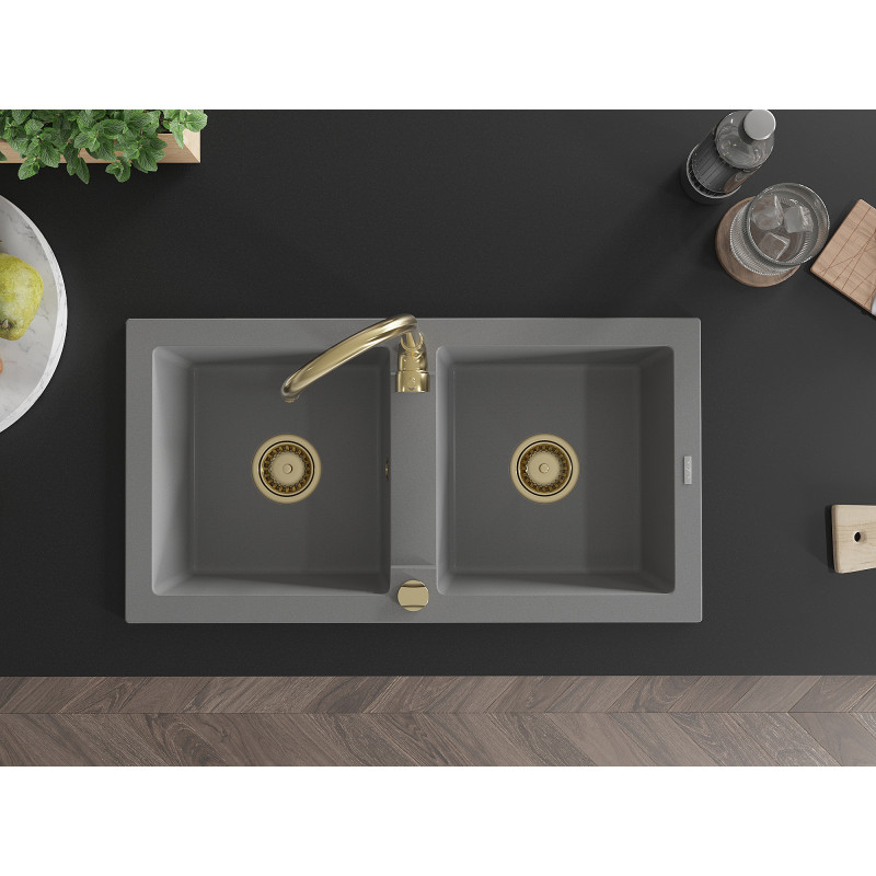 Mexen Mario granit gootsteen 2-kamer 820 x 436 mm, grijs, gouden sifon - 6504822000-71-G