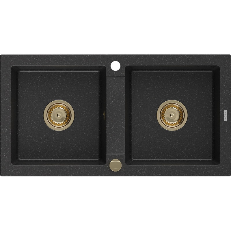Mexen Mario évier en granit à 2 bacs 820 x 436 mm, noir/argent métallisé, siphon doré - 6504822000-73-G
