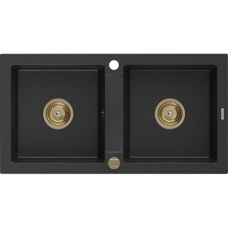 Mexen Mario Granitspüle 2-Kammern 820 x 436 mm, schwarz/silber metallic, goldener Siphon - 6504822000-73-G