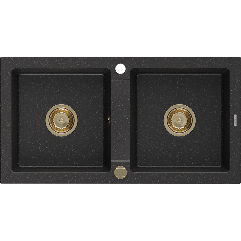 Mexen Mario zlewozmywak granitowy 2-komorowy 820 x 436 mm, czarny/srebrny metalik, syfon złoty - 6504822000-73-G