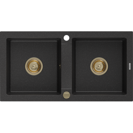 Mexen Mario granitische gootsteen met 2 kamers 820 x 436 mm, zwart/zilveren metallic, gouden sifon - 6504822000-73-G