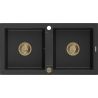 Mexen Mario granitische gootsteen met 2 kamers 820 x 436 mm, zwart/zilveren metallic, gouden sifon - 6504822000-73-G