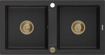 Mexen Mario lavello da cucina in granito a 2 vasche 820 x 436 mm, nero/argento metallizzato, sifone dorato - 6504822000-73-G