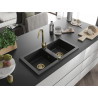 Mexen Mario évier en granit 2 bacs 820 x 436 mm, noir/métal argenté, siphon doré - 6504822000-73-G