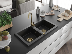 Mexen Mario évier en granit à 2 cuves 820 x 436 mm, noir/argent métallique, siphon doré - 6504822000-73-G