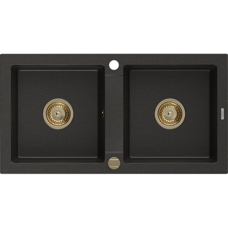 Mexen Mario granit gootsteen 2-kom met afmetingen 820 x 436 mm, zwart/goud metallic, gouden sifon - 6504822000-75-G
