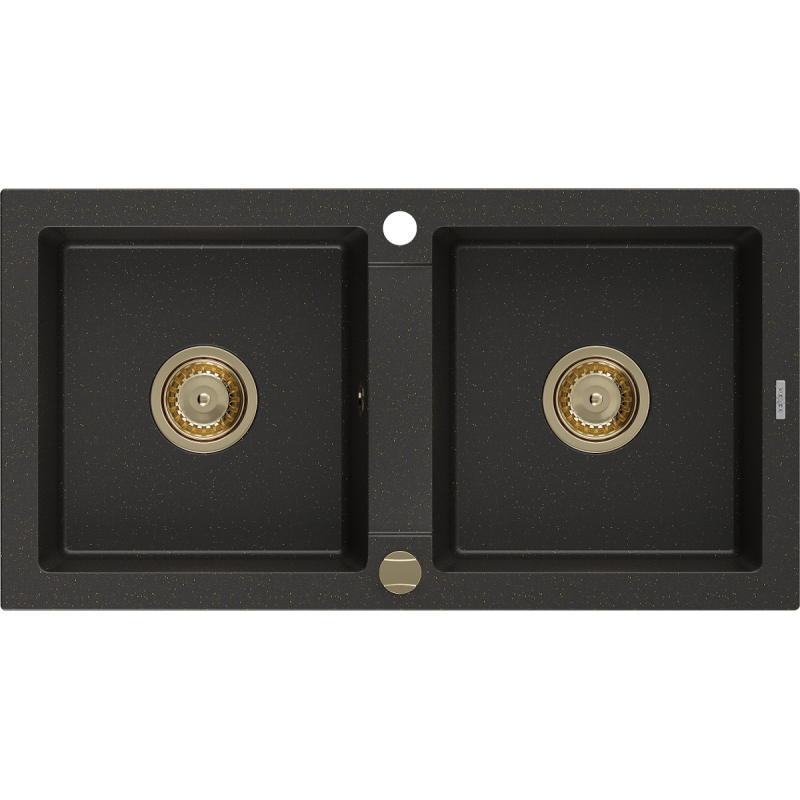 Mexen Mario granitdiskho med 2 fack 820 x 436 mm, svart/guld metallic, guld sifon - 6504822000-75-G