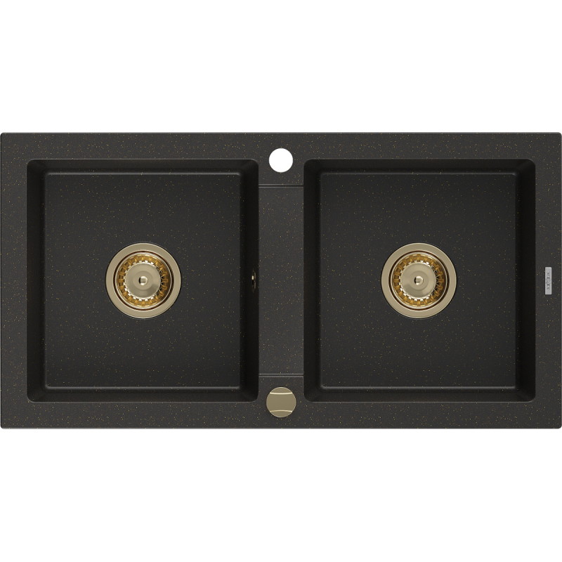 Mexen Mario granitspüle 2-becken 820 x 436 mm, schwarz/gold metallic, goldener siphon - 6504822000-75-G