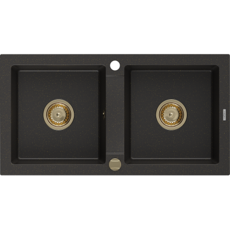 Mexen Mario granit gootsteen 2-kom met afmetingen 820 x 436 mm, zwart/goud metallic, gouden sifon - 6504822000-75-G