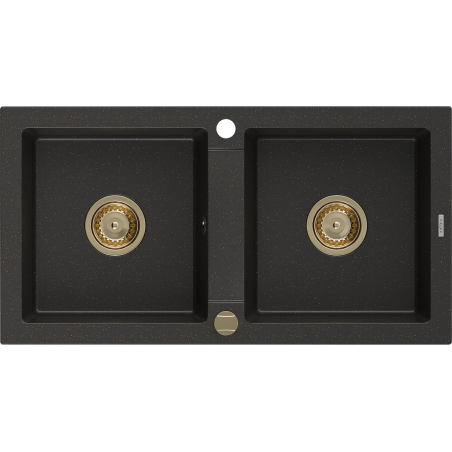 Mexen Mario Granitspüle 2-Kammer 820 x 436 mm, schwarz/goldener Metallic, goldener Siphon - 6504822000-75-G