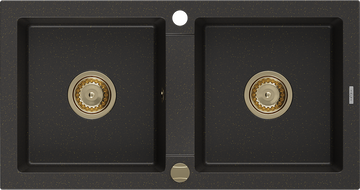 Mexen Mario granitdiskho med 2 fack 820 x 436 mm, svart/guld metallic, guld sifon - 6504822000-75-G