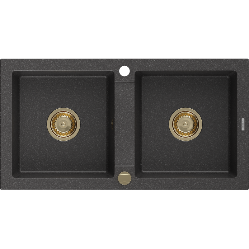 Mexen Mario fregadero de granito de 2 compartimentos 820 x 436 mm, negro moteado, sifón dorado - 6504822000-76-G