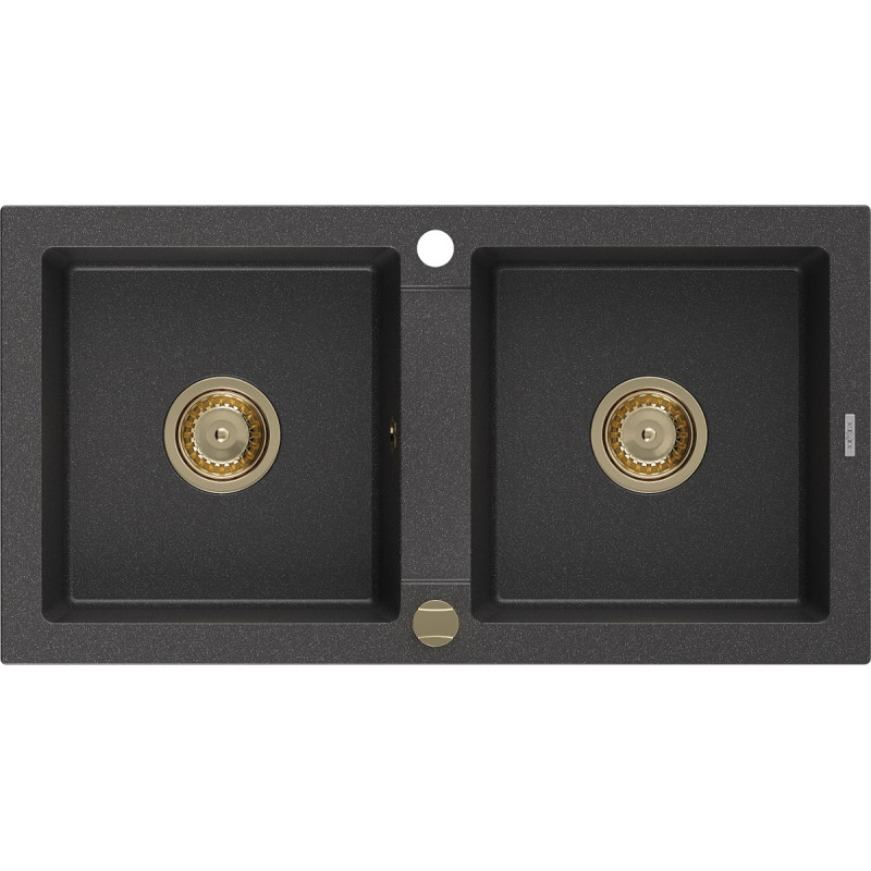 Mexen Mario granieten gootsteen 2-kamer 820 x 436 mm, zwart gespikkeld, gouden sifon - 6504822000-76-G