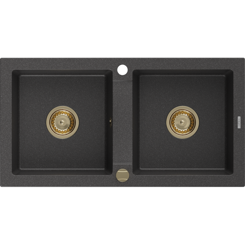 Mexen Mario Granitspüle 2-Becken 820 x 436 mm, schwarzer Sprenkel, goldener Siphon - 6504822000-76-G