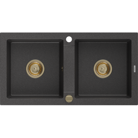 Mexen Mario Granitspüle 2-Becken 820 x 436 mm, schwarzer Sprenkel, goldener Siphon - 6504822000-76-G