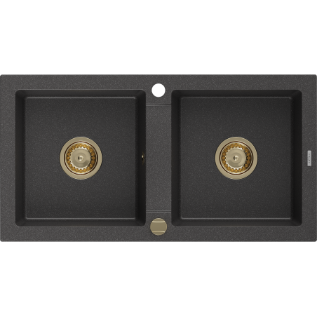 Mexen Mario lava-loiça de granito com 2 cubas, 820 x 436 mm, preto salpicado, sifão dourado - 6504822000-76-G