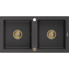 Mexen Mario Granitspüle 2-Becken 820 x 436 mm, schwarzer Sprenkel, goldener Siphon - 6504822000-76-G
