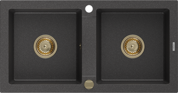 Mexen Mario Granitspüle 2-Becken 820 x 436 mm, schwarzer Sprenkel, goldener Siphon - 6504822000-76-G