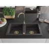 Mexen Mario Granitspüle 2-Becken 820 x 436 mm, schwarzer Sprenkel, goldener Siphon - 6504822000-76-G