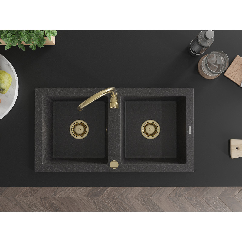 Mexen Mario granitspüle 2-kammer 820 x 436 mm, schwarz gesprenkelt, goldener siphon - 6504822000-76-G