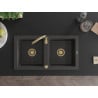 Mexen Mario Granitspüle 2-Becken 820 x 436 mm, schwarzer Sprenkel, goldener Siphon - 6504822000-76-G