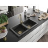 Mexen Mario fregadero de granito de 2 compartimentos 820 x 436 mm, negro moteado, sifón dorado - 6504822000-76-G