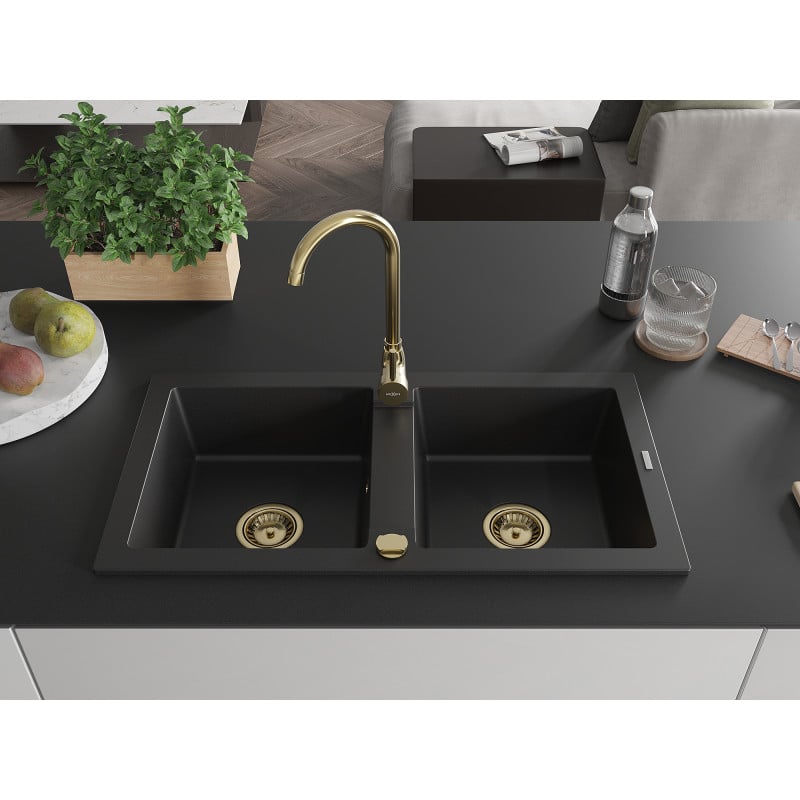 Mexen Mario zlewozmywak granitowy 2-komorowy 820 x 436 mm, czarny, syfon złoty - 6504822000-77-G