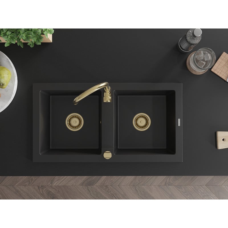 Mexen Mario granite kitchen sink 2-bowl 820 x 436 mm, black, siphon gold - 6504822000-77-G