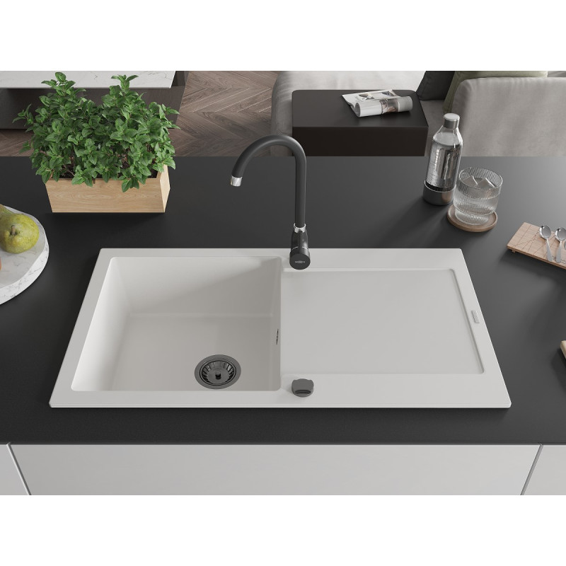 Mexen Leo fregadero de granito de 1 cuenca con escurridor 900 x 500 mm, blanco, sifón negro - 6501901010-20-B
