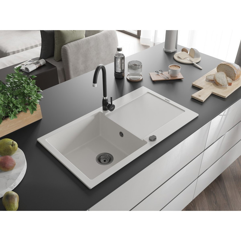Mexen Leo granit gootsteen 1-komer met afdruiprek 900 x 500 mm, wit, zwarte sifon - 6501901010-20-B