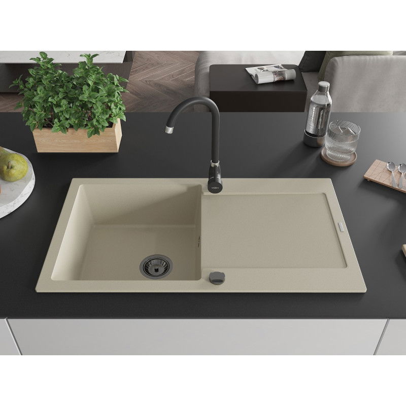 Mexen Leo lavello in granito a 1 vasca con scolapiatti 900 x 500 mm, beige, sifone nero - 6501901010-69-B
