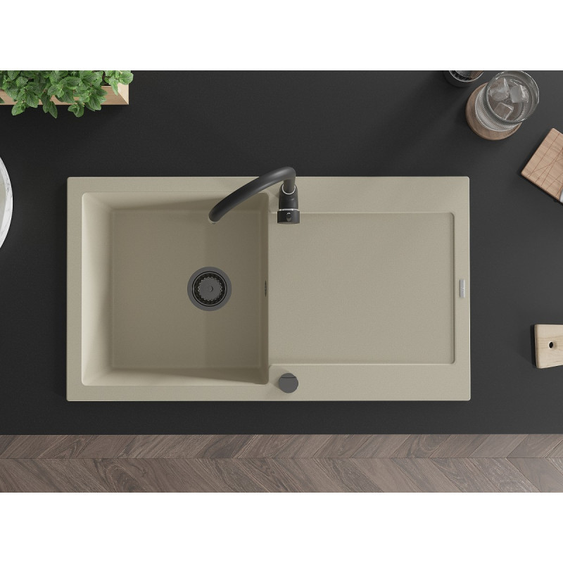 Mexen Leo granieten spoelbak 1-komerig met druiprek 900 x 500 mm, beige, zwarte sifon - 6501901010-69-B
