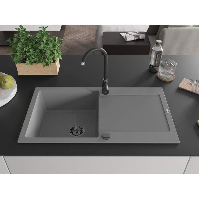 Mexen Leo fregadero de granito de 1 cubeta con escurridor 900 x 500 mm, gris, sifón negro - 6501901010-71-B