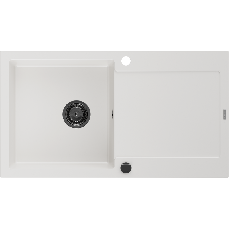 Mexen Leo évier en granit 1 bac avec égouttoir 900 x 500 mm, blanc, siphon noir - 6501901010-20-B