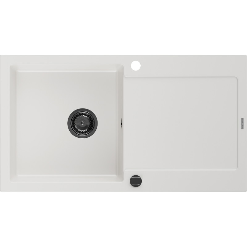 Mexen Leo granieten gootsteen 1-komors met afdruiprek 900 x 500 mm, wit, zwarte sifon - 6501901010-20-B
