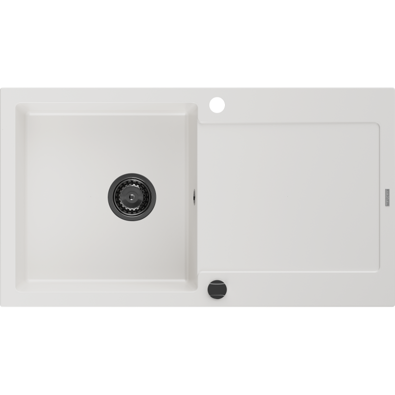 Mexen Leo granit izlietne ar vienu nodalījumu un noteci, 900 x 500 mm, balta, melna sifons - 6501901010-20-B