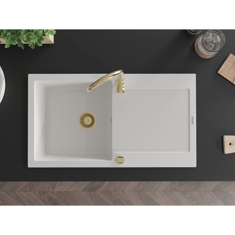 Mexen Leo granitische gootsteen 1-kamer met afdruiprek 900 x 500 mm, wit, gouden sifon - 6501901010-20-G