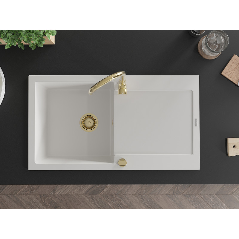 Mexen Leo Granitspüle, 1-becken, mit Abtropffläche, 900 x 500 mm, weiß, Siphon Gold - 6501901010-20-G