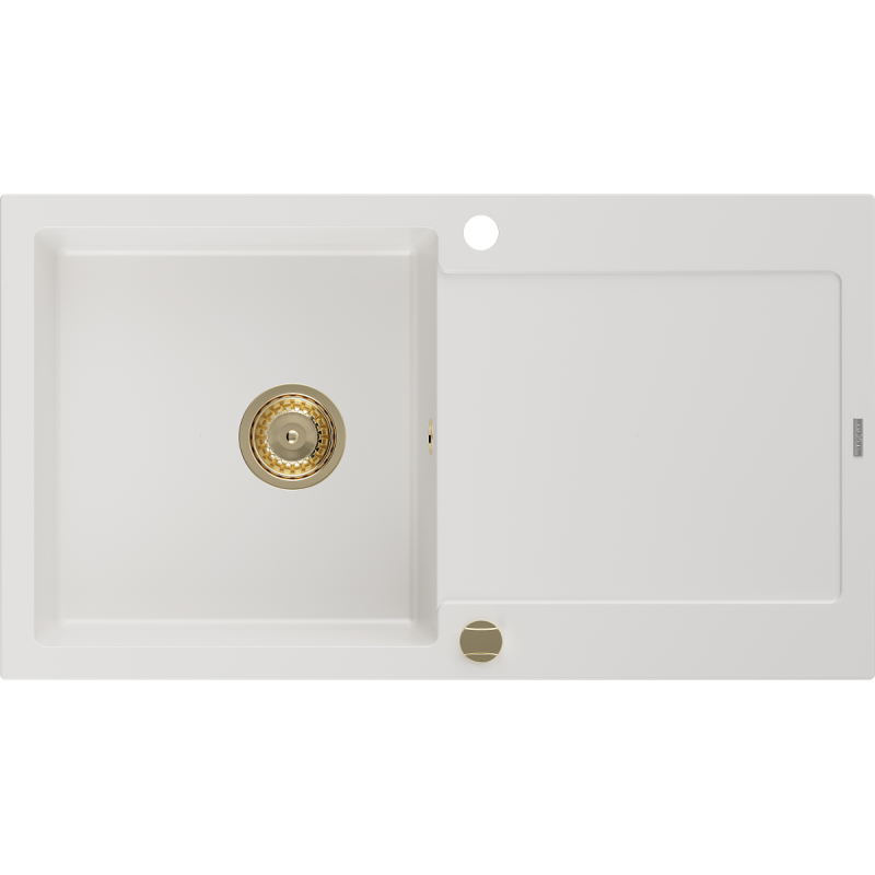 Mexen Leo évier en granit 1 bac avec égouttoir 900 x 500 mm, blanc, siphon doré - 6501901010-20-G