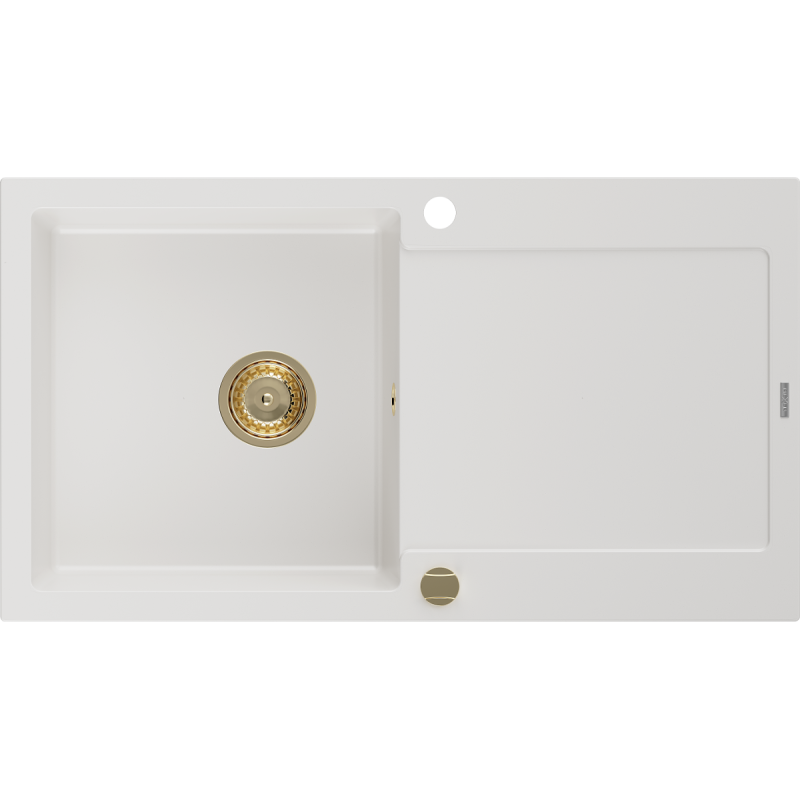 Mexen Leo graniittinen 1-osainen pesuallas valutustasolla 900 x 500 mm, valkoinen, kultainen vesilukko - 6501901010-20-G