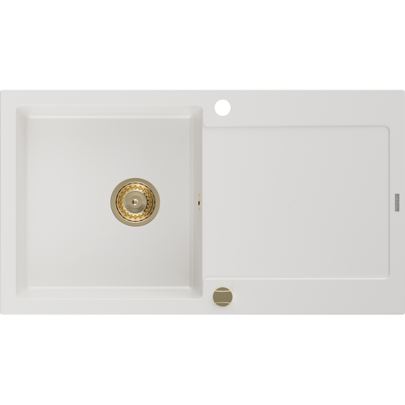 Mexen Leo lava-loiça de granito 1-bacia com escorredor 900 x 500 mm, branco, sifão dourado - 6501901010-20-G