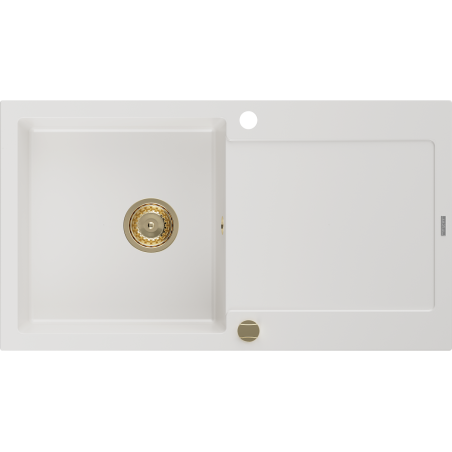 Mexen Leo évier en granit 1 bac avec égouttoir 900 x 500 mm, blanc, siphon doré - 6501901010-20-G