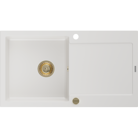 Mexen Leo granite sink 1-bowl with drainer 900 x 500 mm, white, golden siphon - 6501901010-20-G