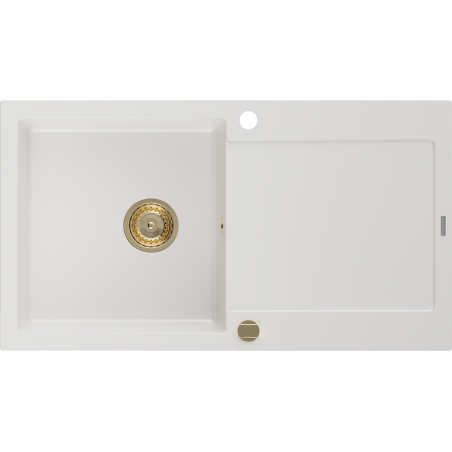 Mexen Leo lavello da cucina in granito 1-vasca con scolapiatti 900 x 500 mm, bianco, sifone dorato - 6501901010-20-G